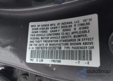 2013 Honda Civic Ex-L from USA, damaged, VIN 19XFB2F91DE202798